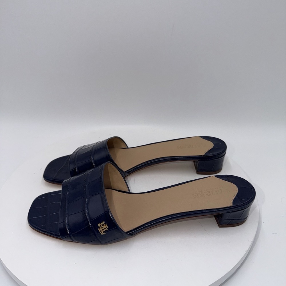 Lauren Ralph Lauren Women's Fay Crocodile-embossed Navy Leather Sandal Size 8